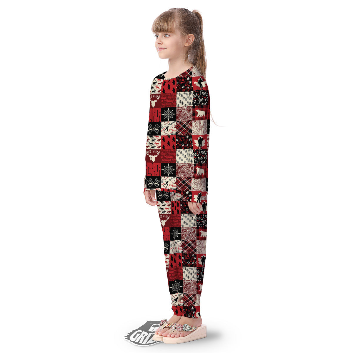 Wildlife Red Plaid Print Pattern Kid's Pajamas-grizzshop