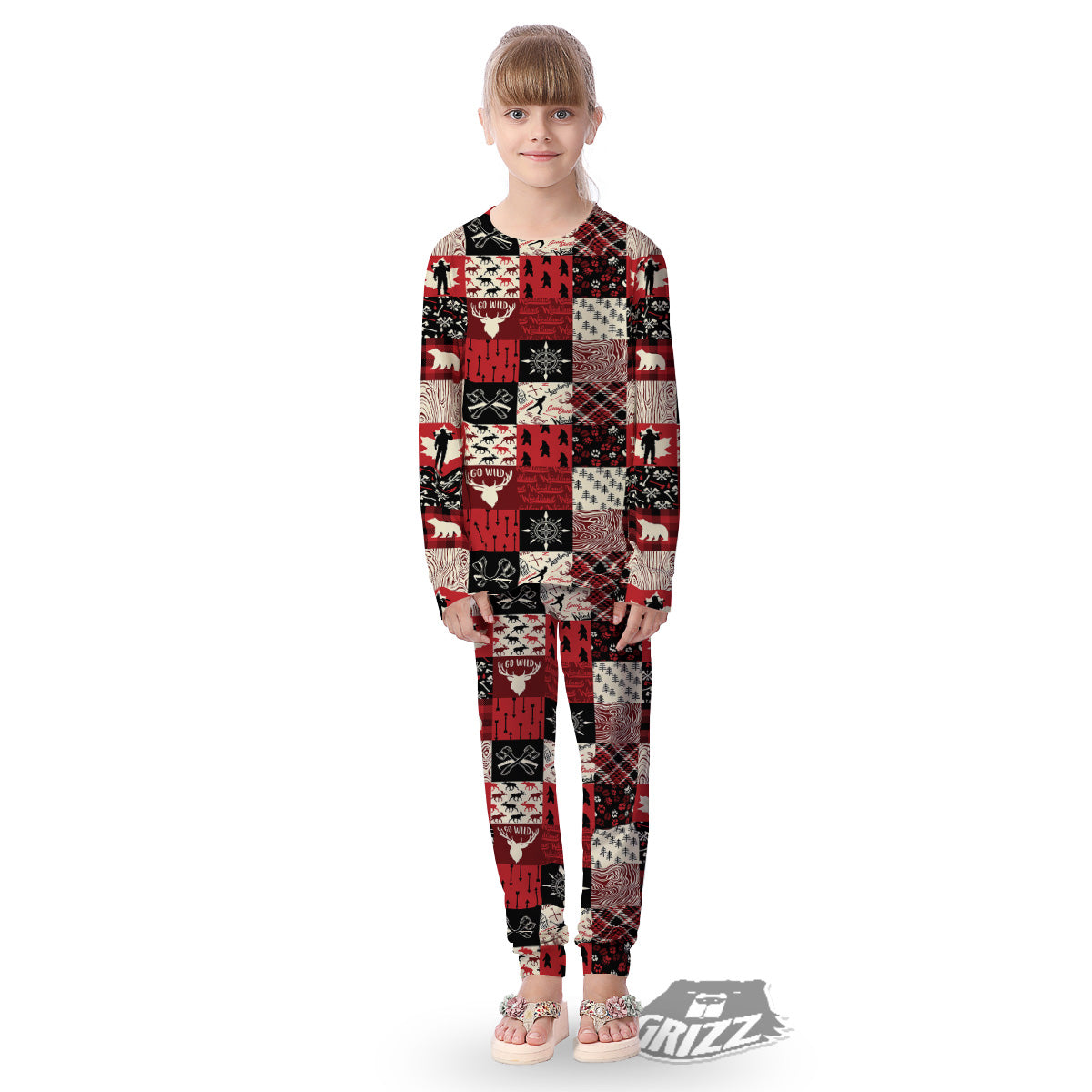 Wildlife Red Plaid Print Pattern Kid's Pajamas-grizzshop