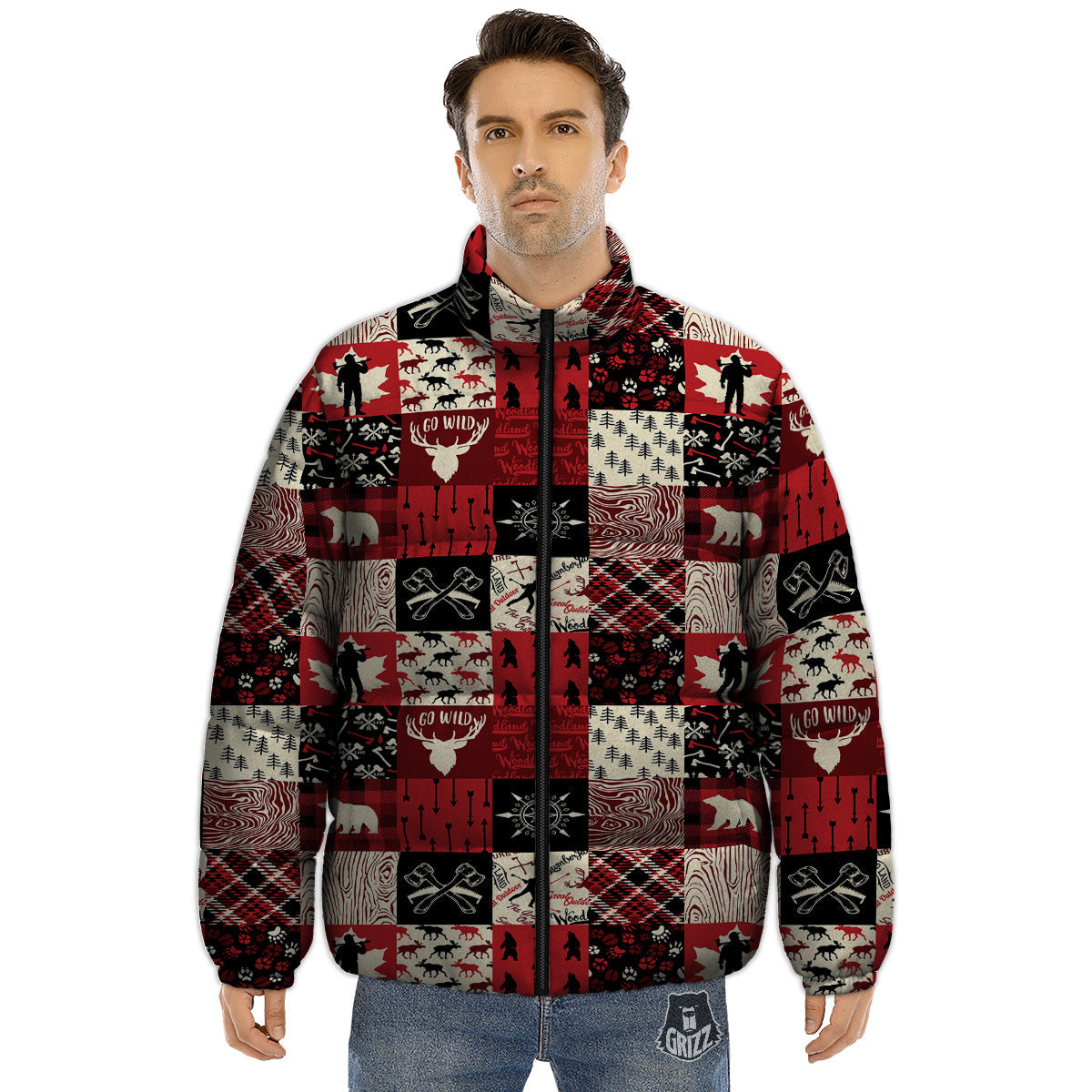 Wildlife Red Plaid Print Pattern Puffer Jacket-grizzshop