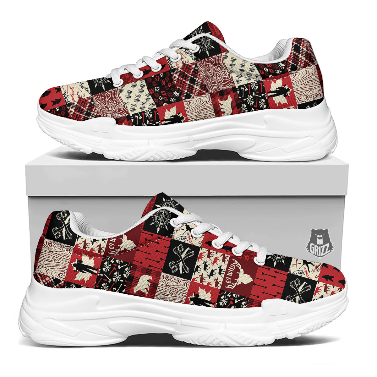 Wildlife Red Plaid Print Pattern White Chunky Shoes-grizzshop