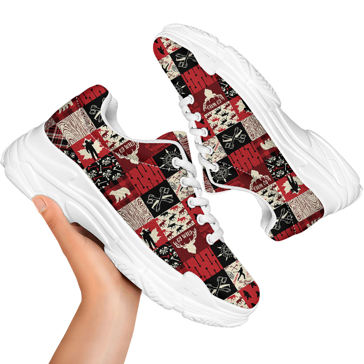 Wildlife Red Plaid Print Pattern White Chunky Shoes-grizzshop