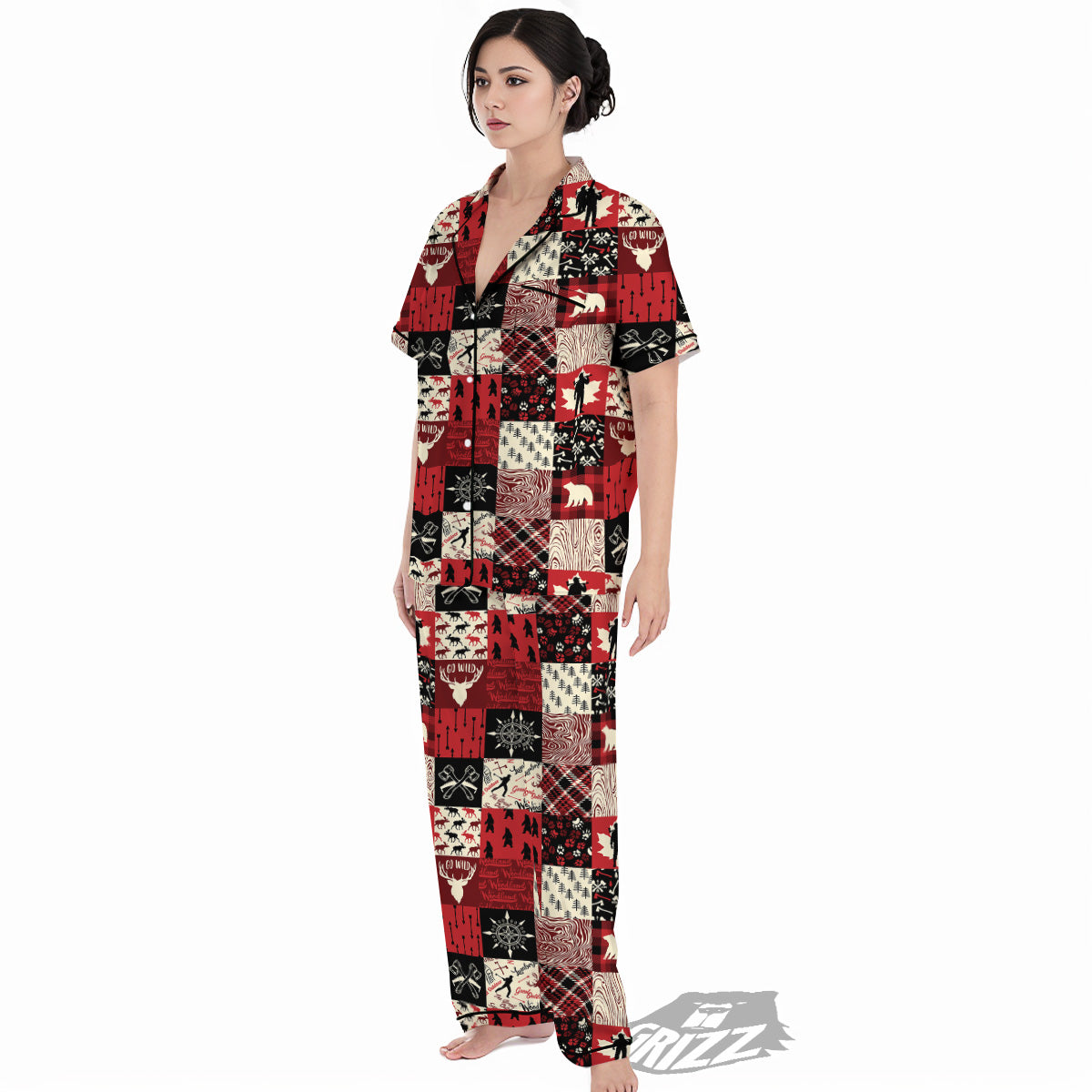 Wildlife Red Plaid Print Pattern Women's Pajamas Set-grizzshop