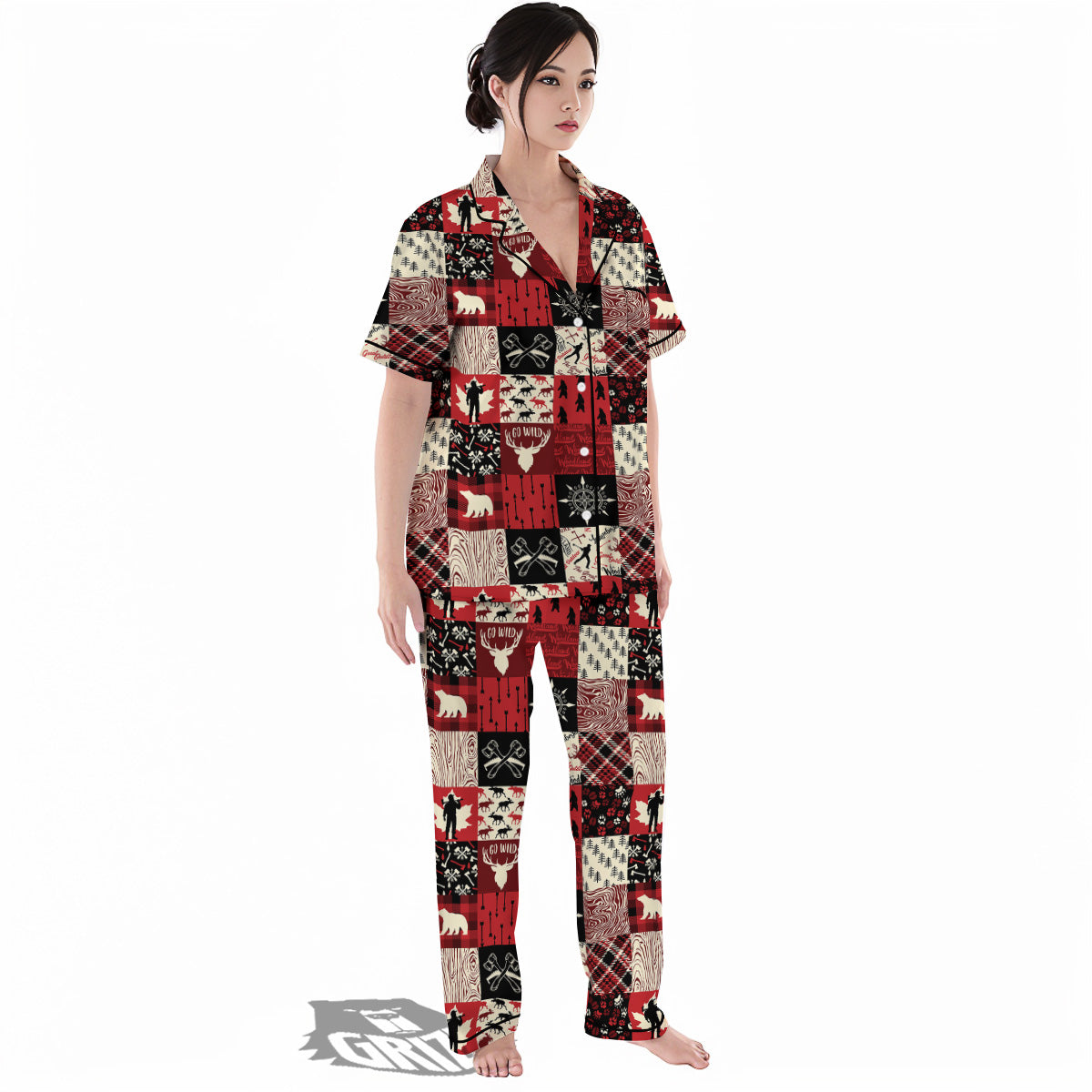 Wildlife Red Plaid Print Pattern Women's Pajamas Set-grizzshop