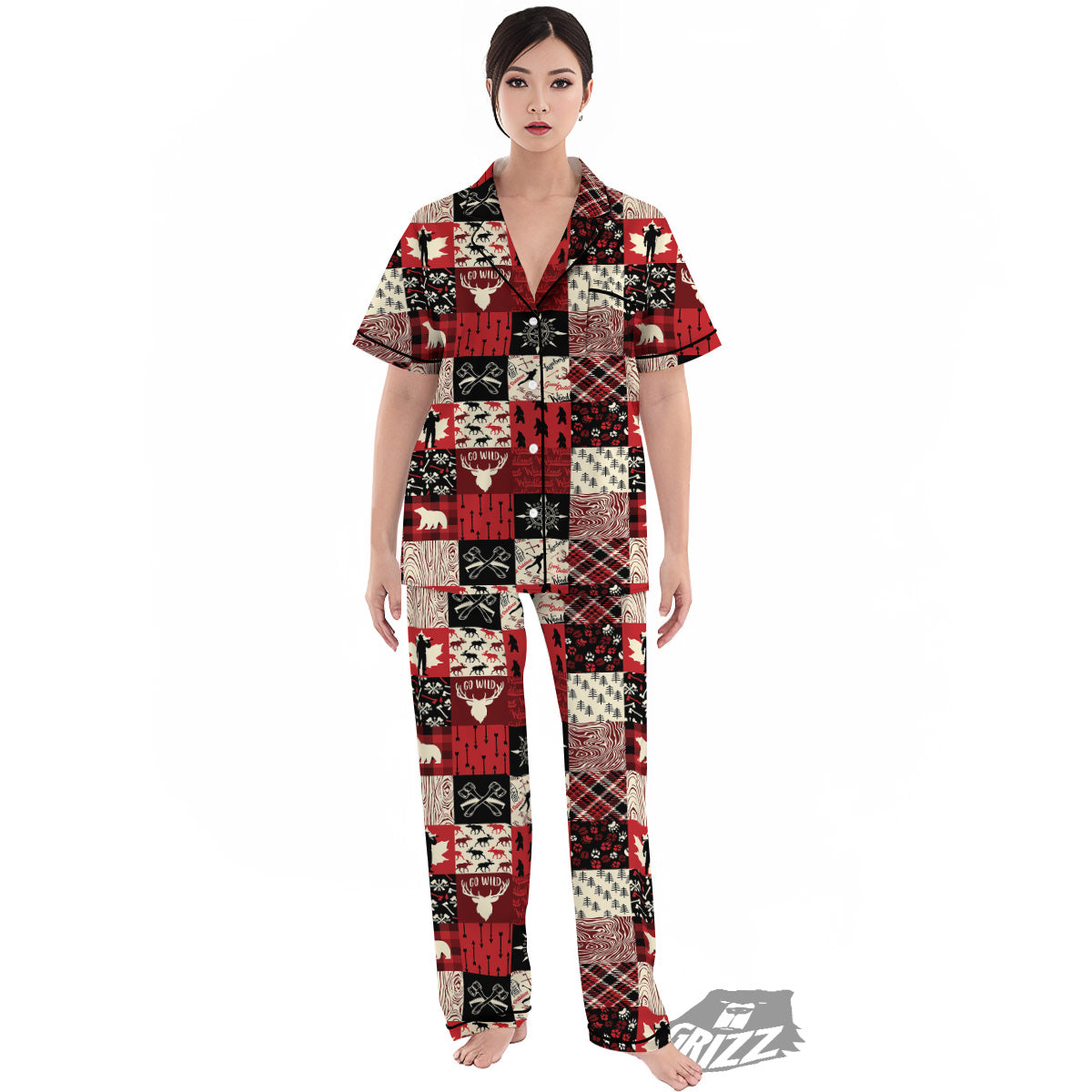 Wildlife Red Plaid Print Pattern Women's Pajamas Set-grizzshop