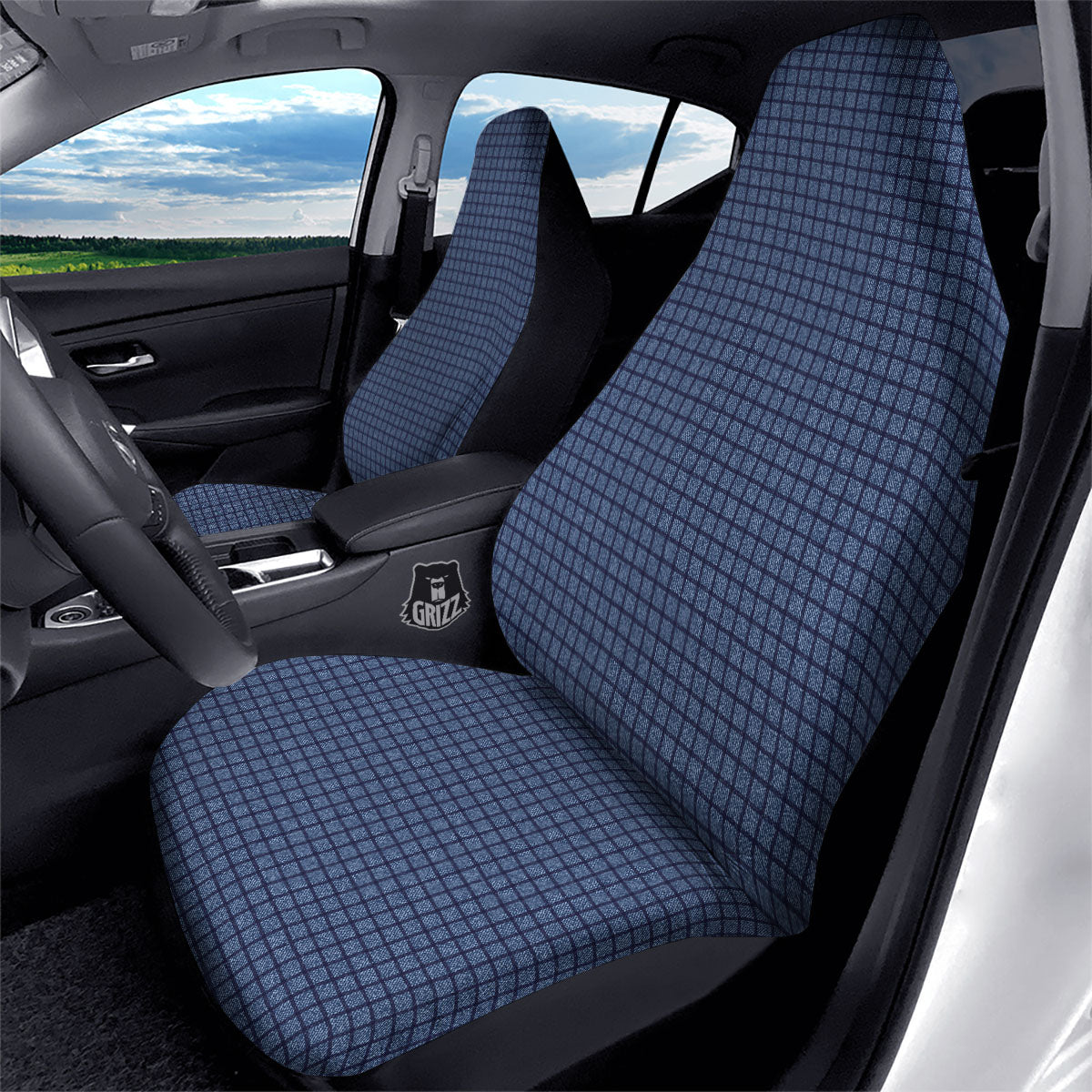 Windowpane Denim Print Pattern Car Seat Covers-grizzshop