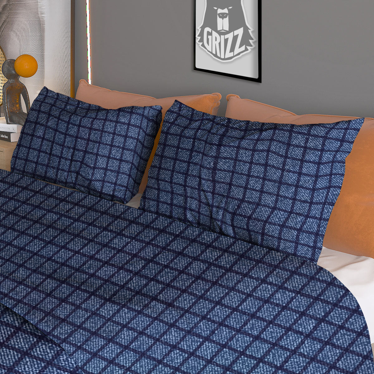 Windowpane Denim Print Pattern Duvet Cover Bedding Set-grizzshop