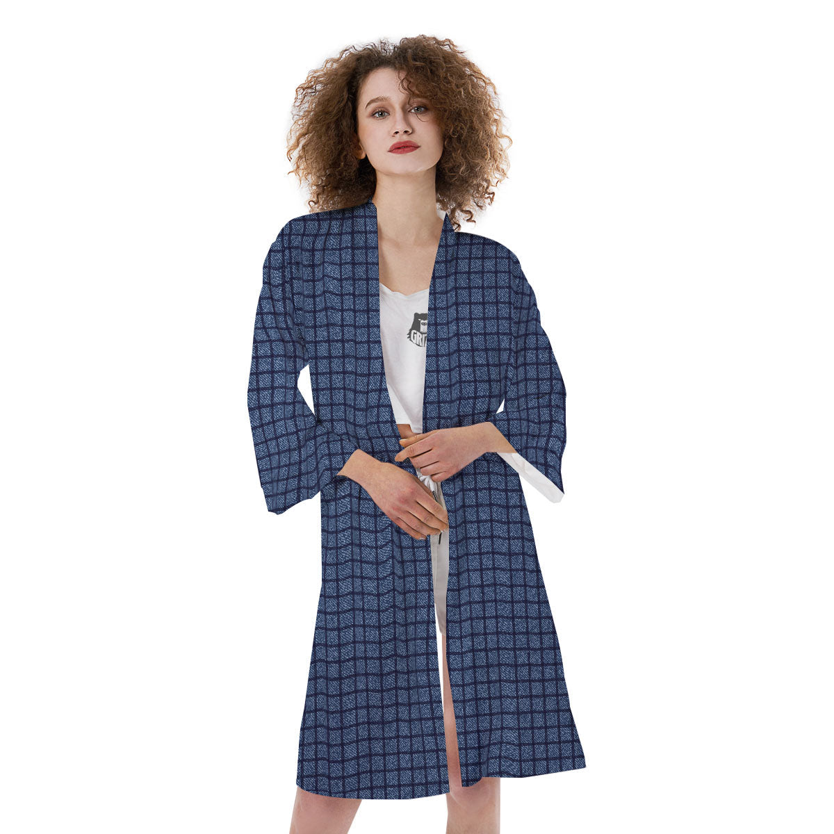 Windowpane Denim Print Pattern Kimono-grizzshop