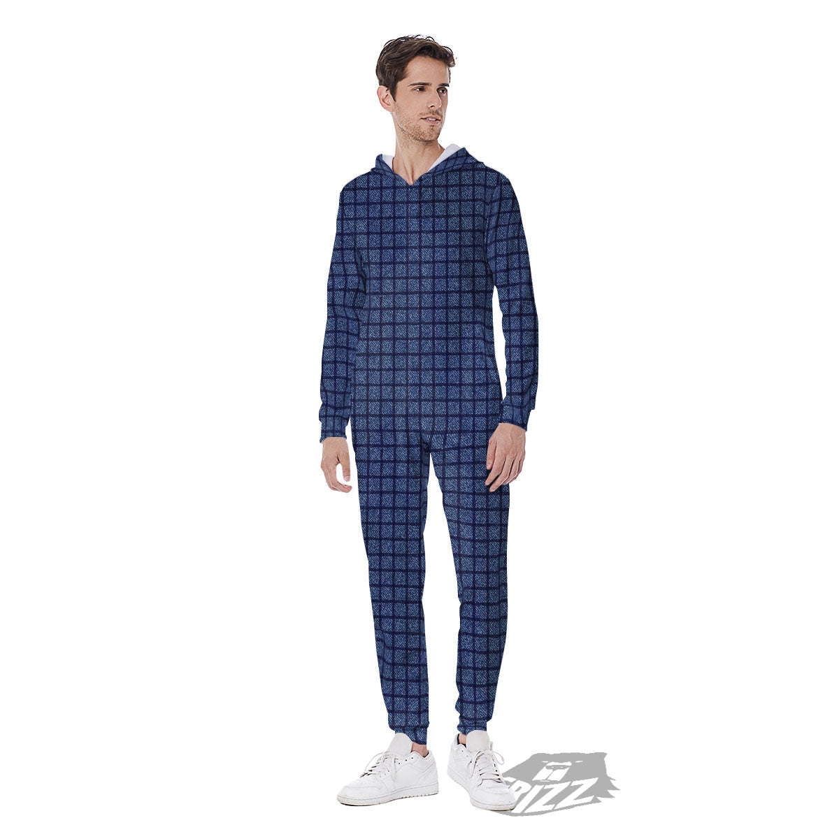 Windowpane Denim Print Pattern Men's Jumpsuit-grizzshop