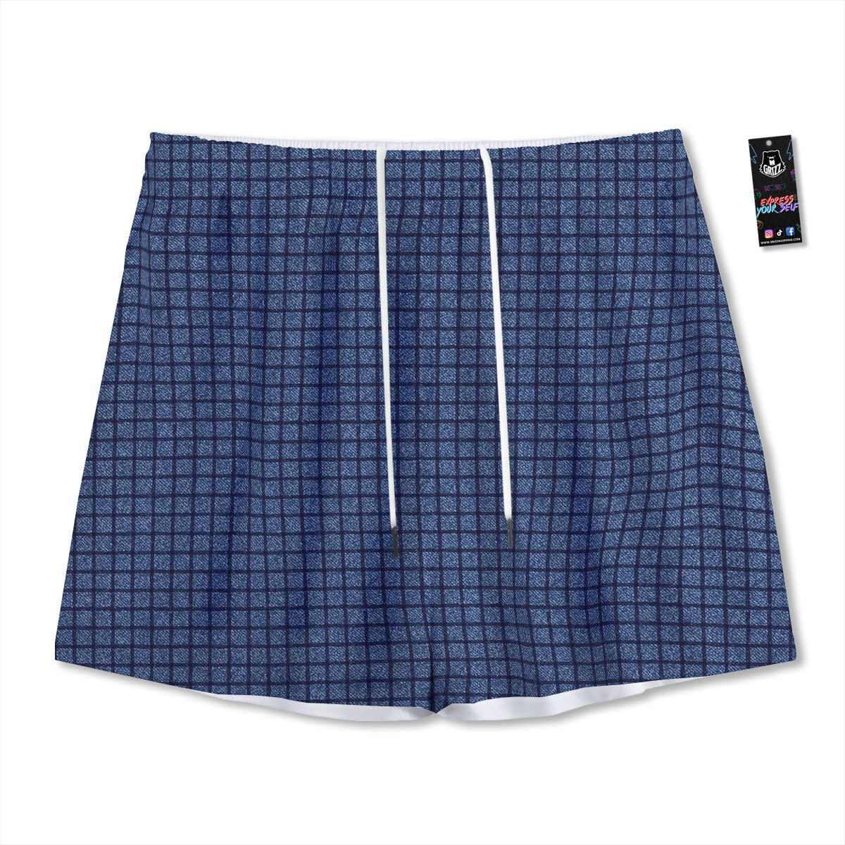 Windowpane Denim Print Pattern Mesh Shorts-grizzshop