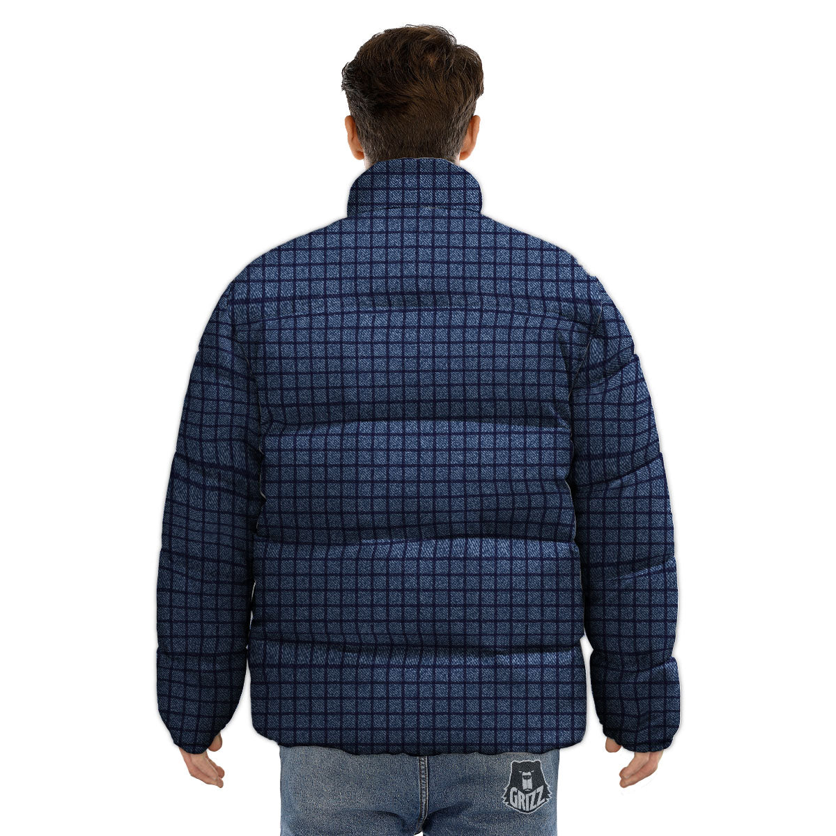 Windowpane Denim Print Pattern Puffer Jacket-grizzshop
