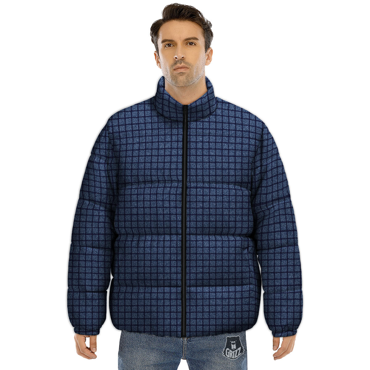 Windowpane Denim Print Pattern Puffer Jacket-grizzshop