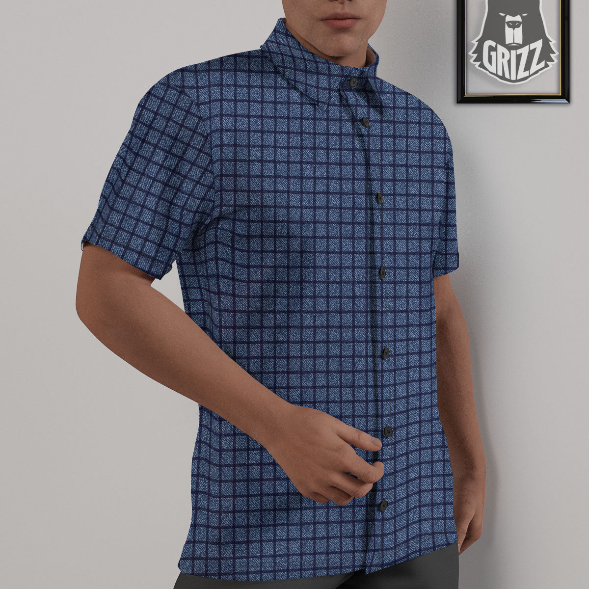 Windowpane Denim Print Pattern Untucked Shirts-grizzshop