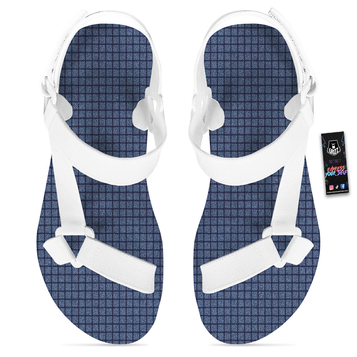 Windowpane Denim Print Pattern White Open Toe Sandals-grizzshop
