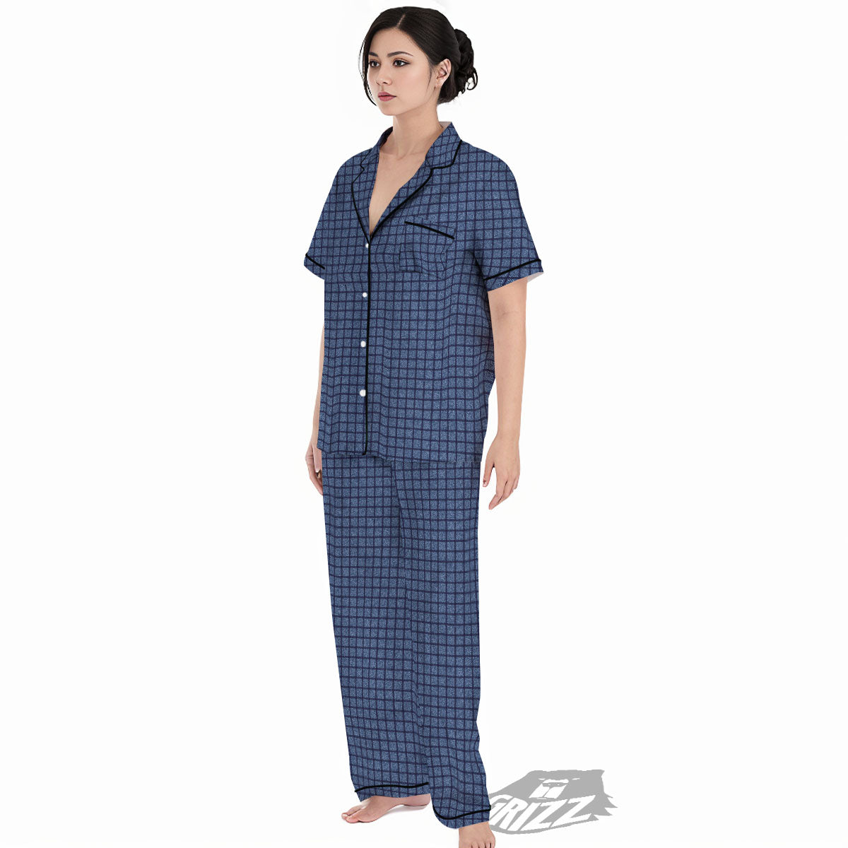 Windowpane Denim Print Pattern Women's Pajamas Set-grizzshop