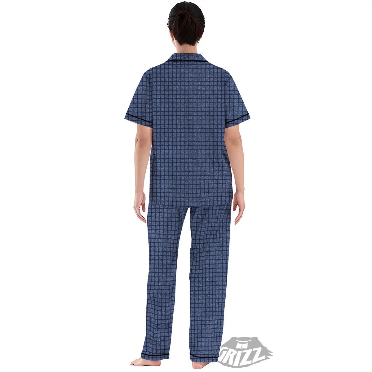 Windowpane Denim Print Pattern Women's Pajamas Set-grizzshop
