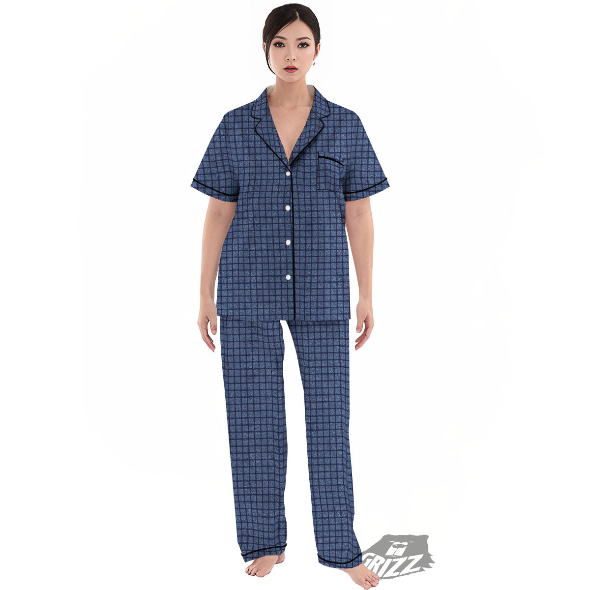 Windowpane Denim Print Pattern Women's Pajamas Set-grizzshop