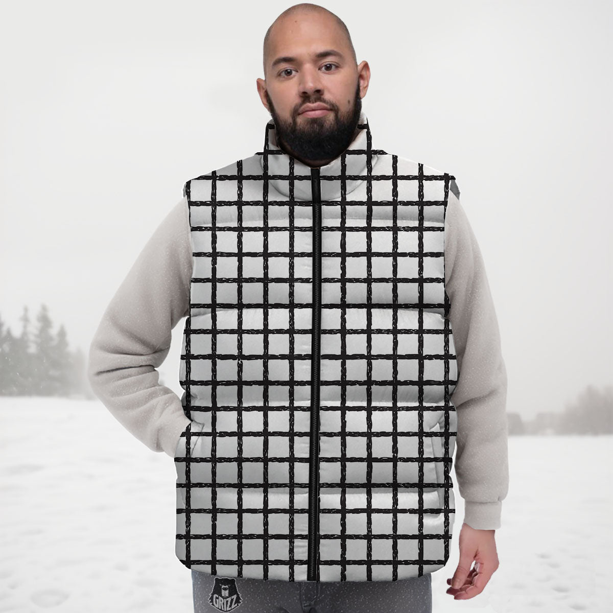 Windowpane Doodle Print Pattern Down Vest-grizzshop