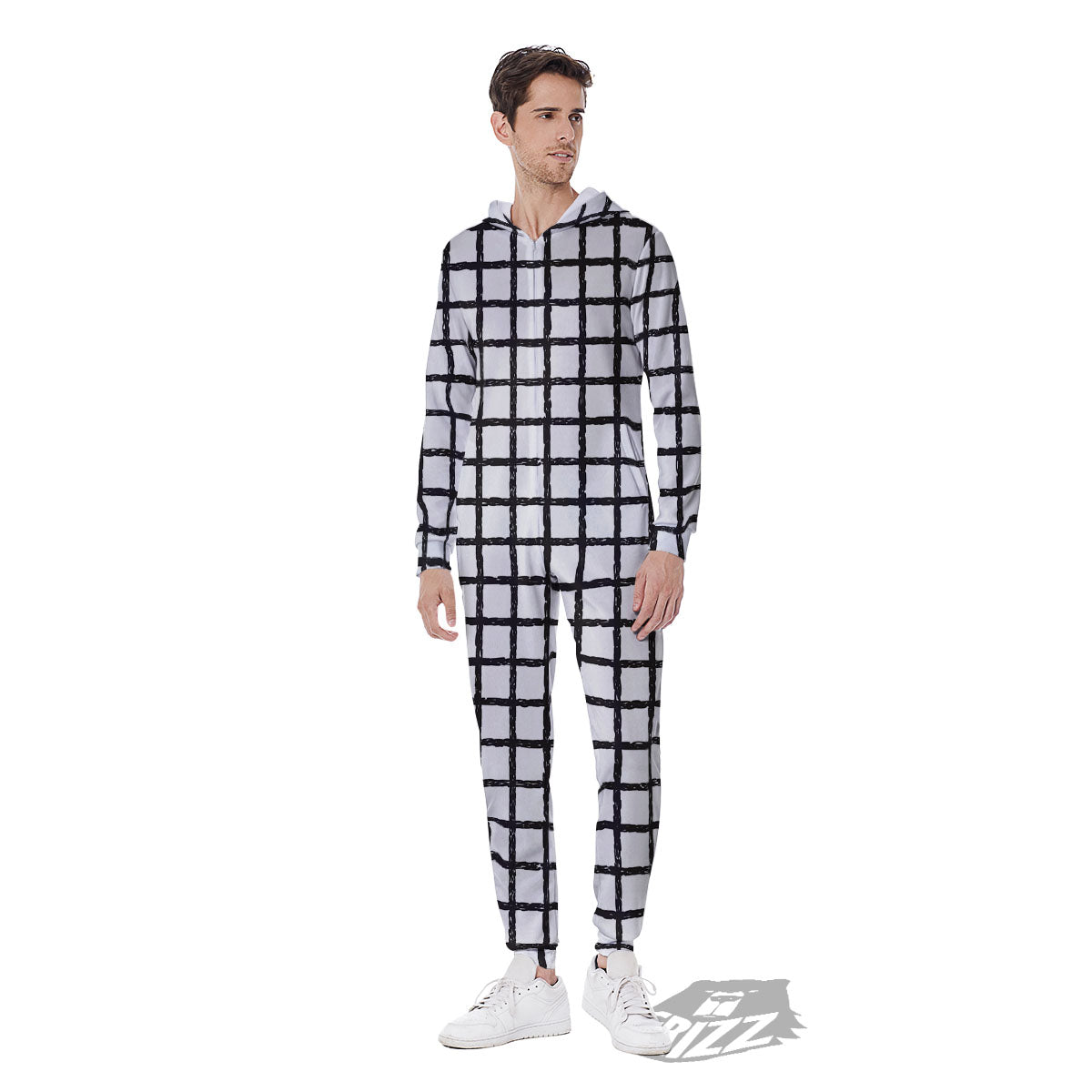 Windowpane Doodle Print Pattern Men's Jumpsuit-grizzshop