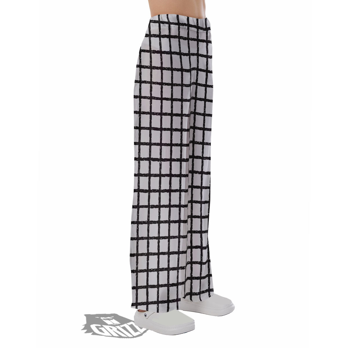 Windowpane Doodle Print Pattern Pajama Pants-grizzshop