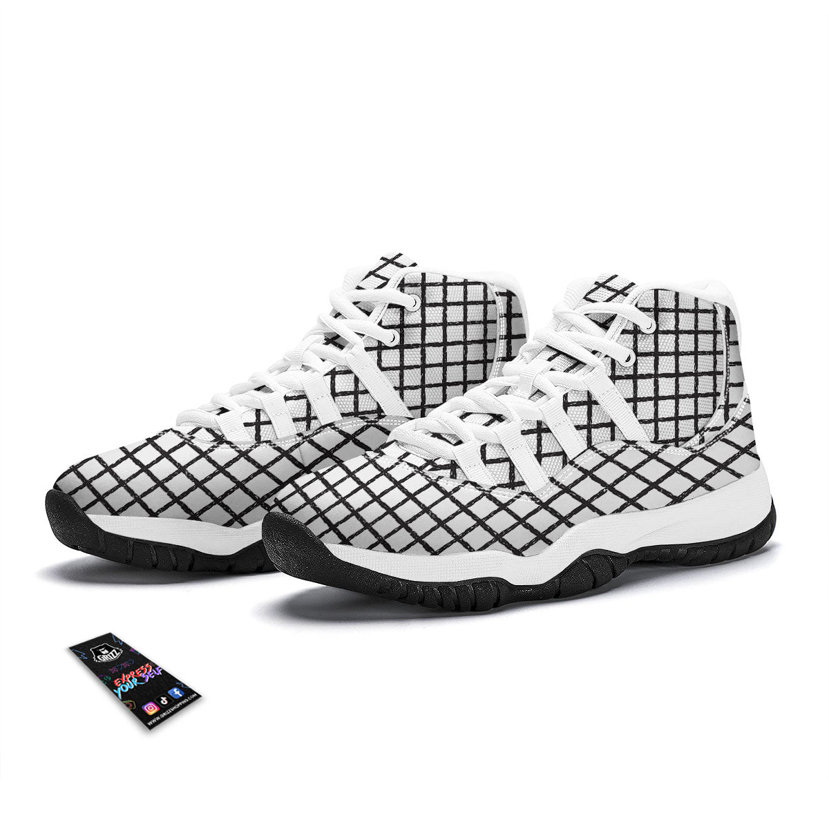 Windowpane Doodle Print Pattern White Bball Shoes-grizzshop