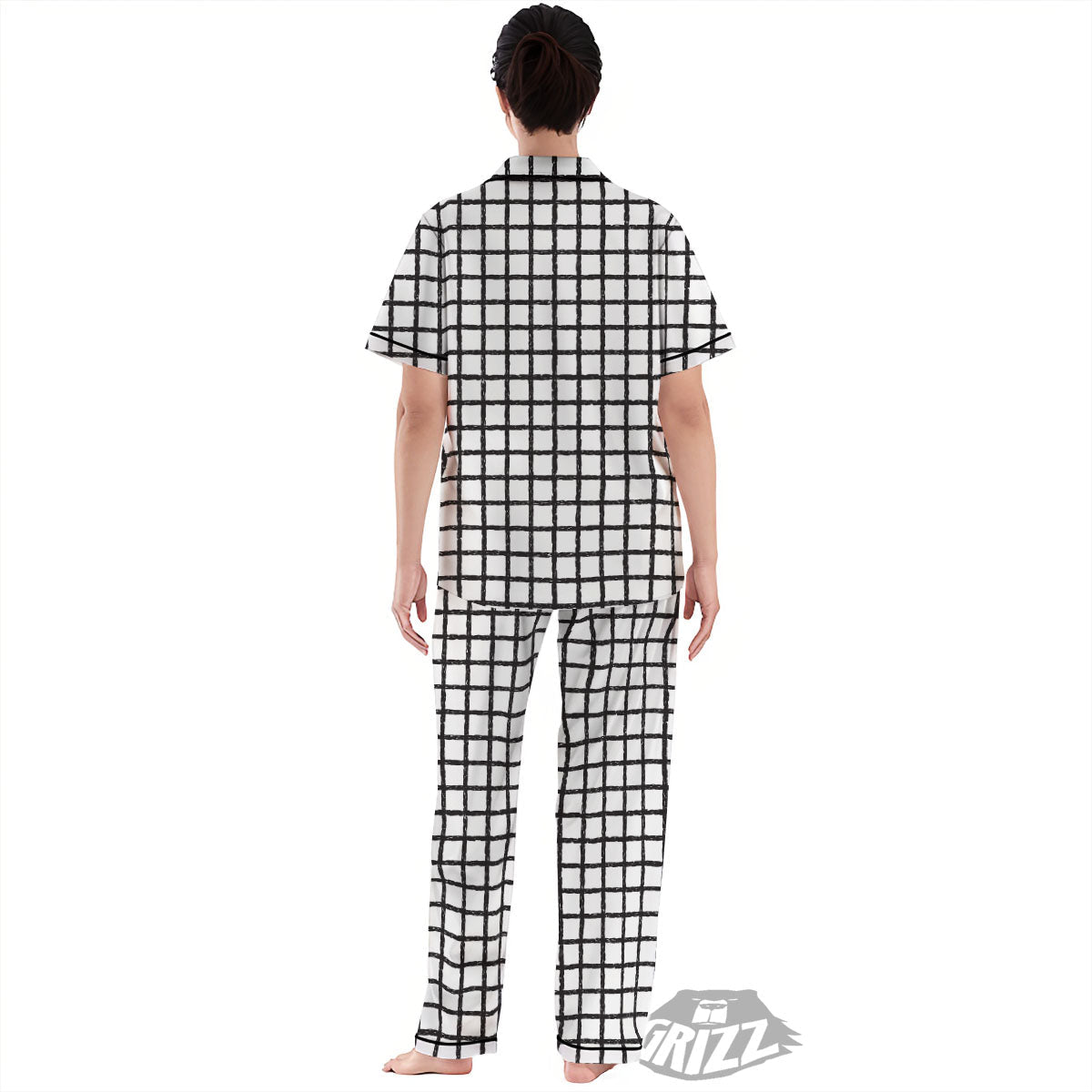 Windowpane Doodle Print Pattern Women's Pajamas Set-grizzshop