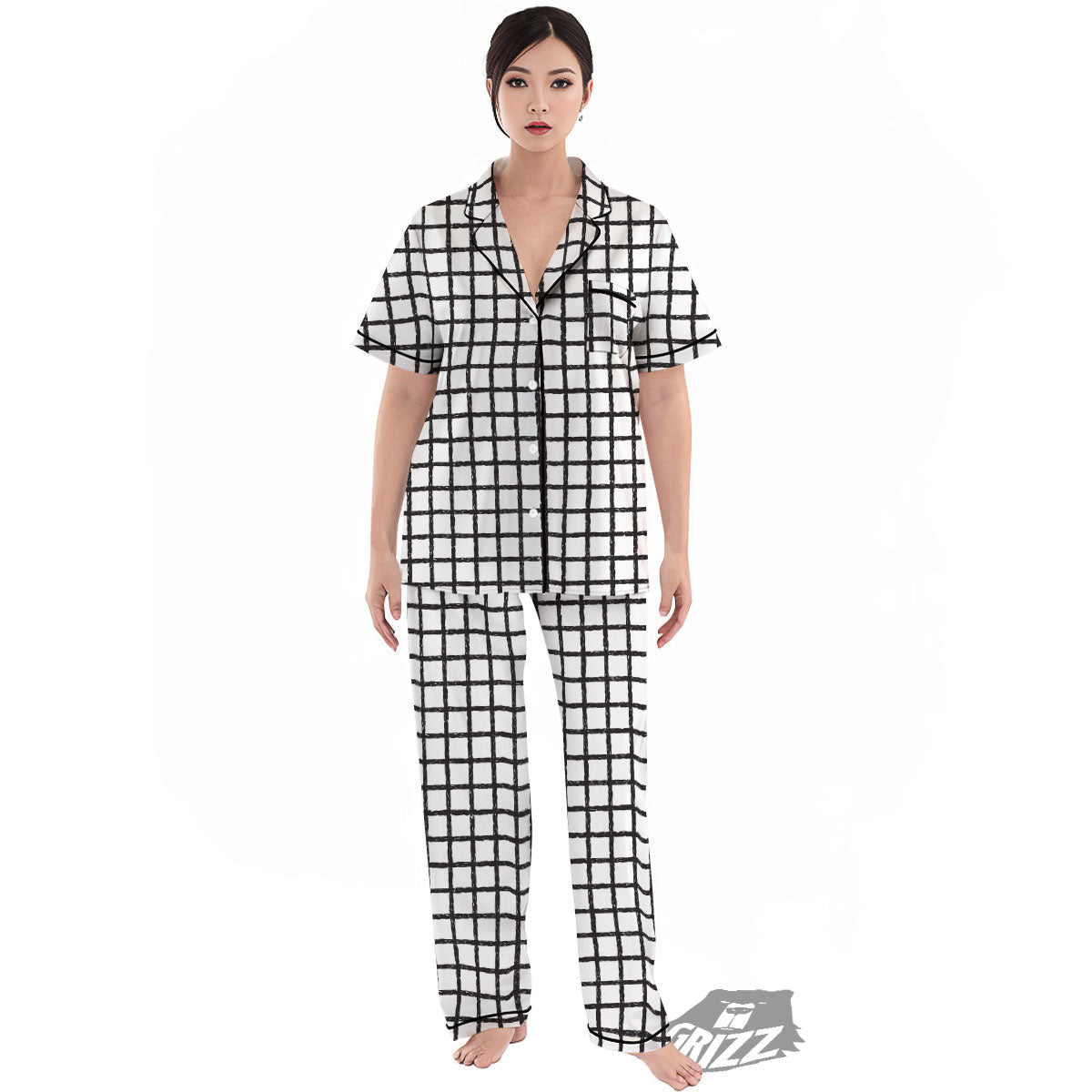 Windowpane Doodle Print Pattern Women's Pajamas Set-grizzshop