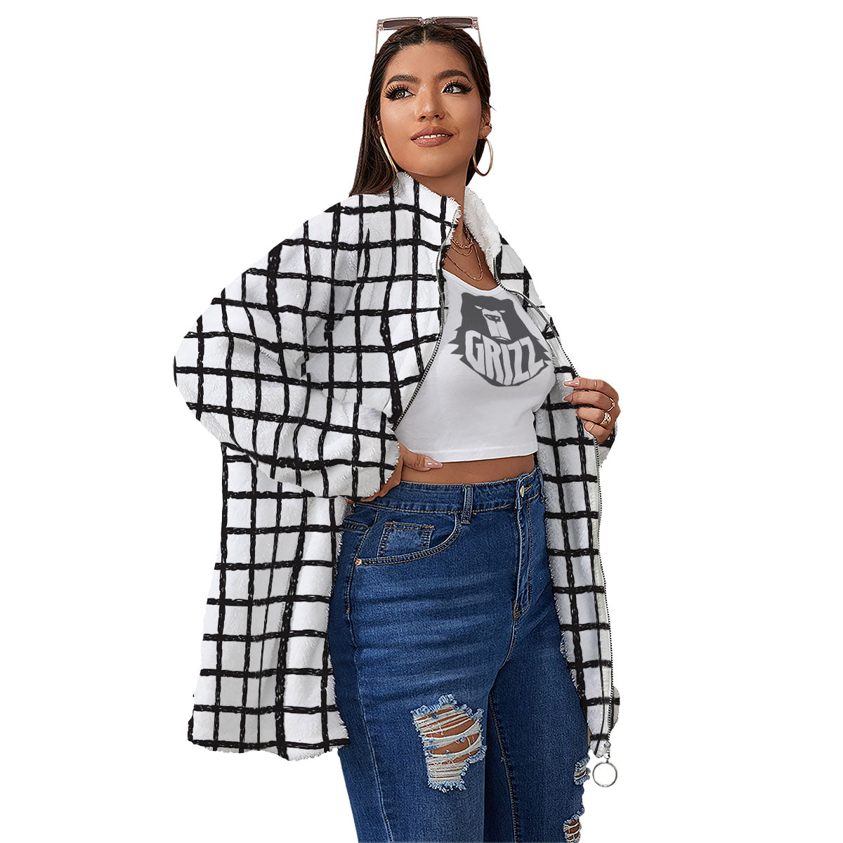 Windowpane Doodle Print Pattern Women's Sherpa Jacket-grizzshop