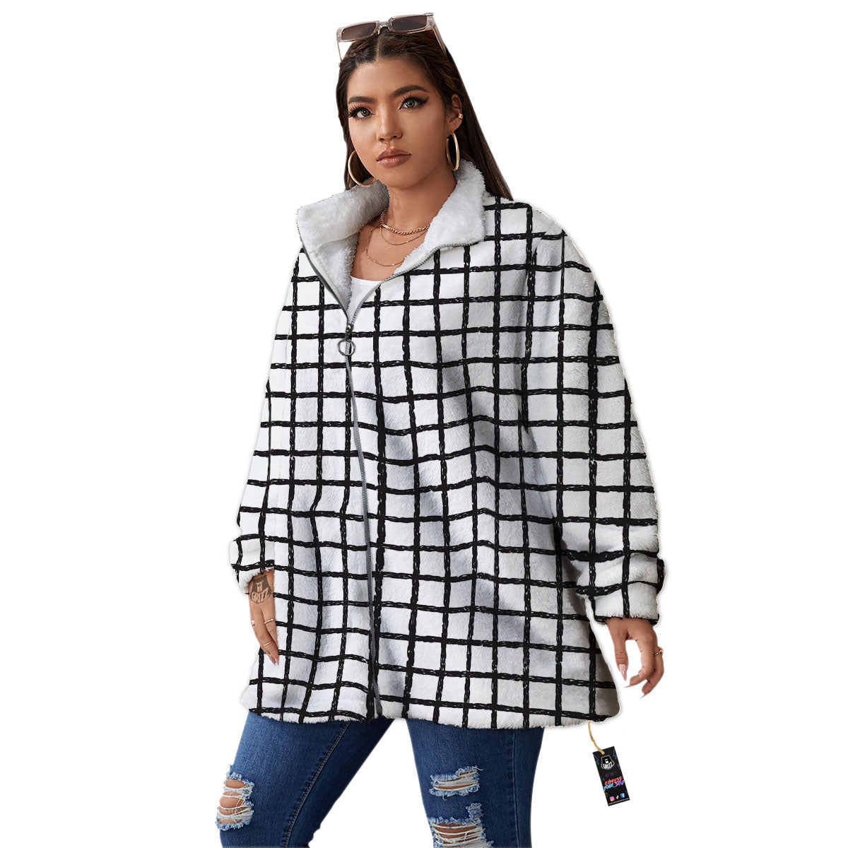 Windowpane Doodle Print Pattern Women's Sherpa Jacket-grizzshop