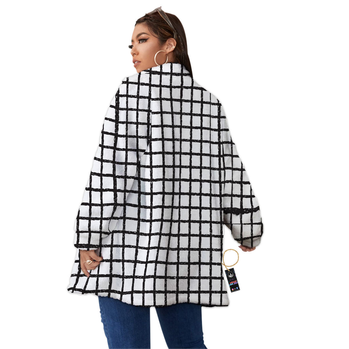 Windowpane Doodle Print Pattern Women's Sherpa Jacket-grizzshop