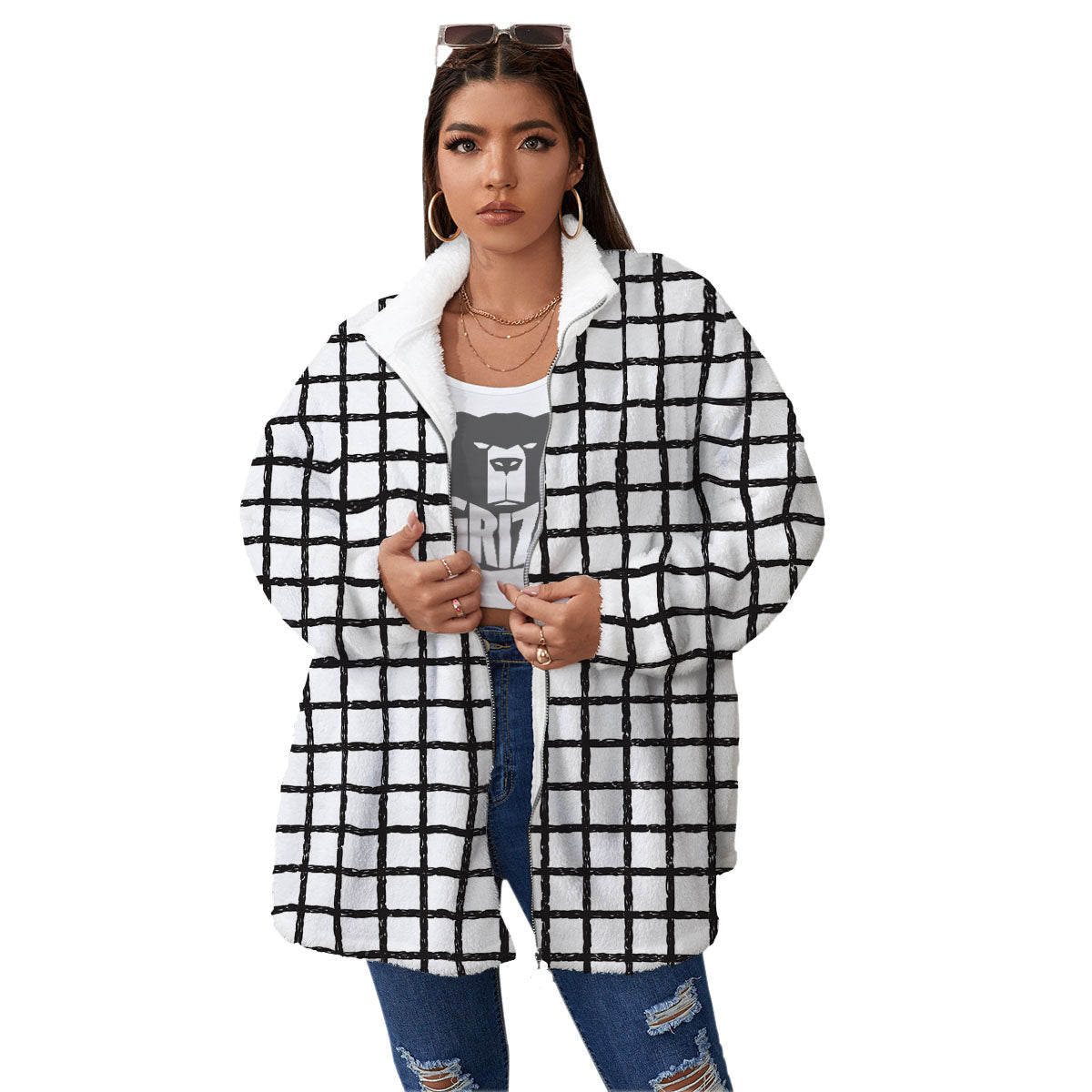 Windowpane Doodle Print Pattern Women's Sherpa Jacket-grizzshop