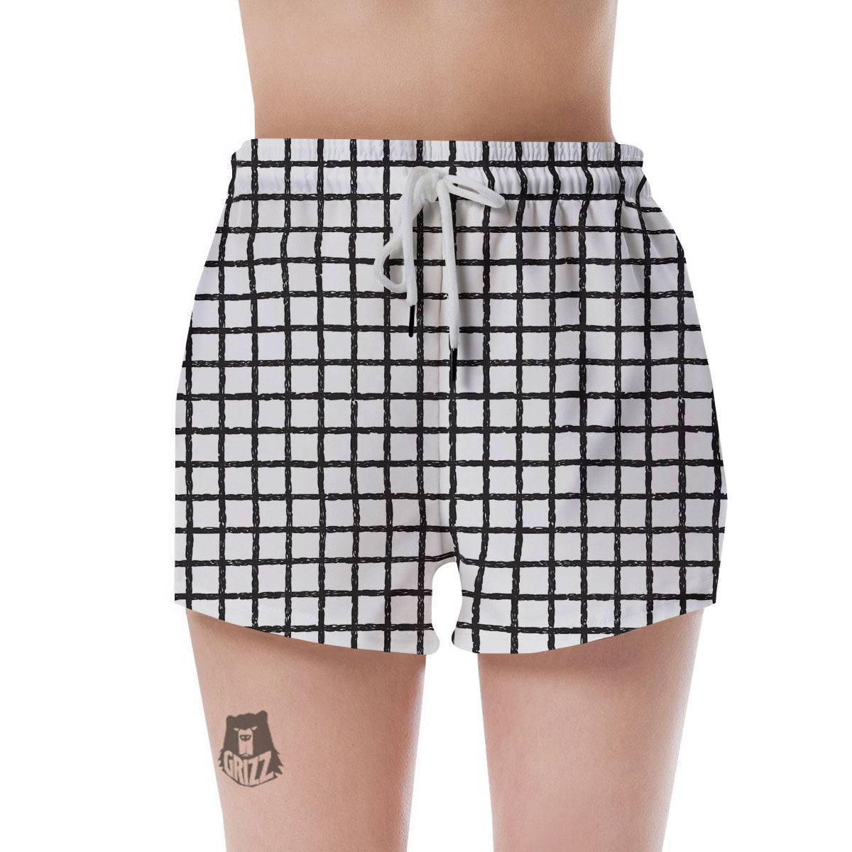Windowpane Doodle Print Pattern Women's Shorts-grizzshop