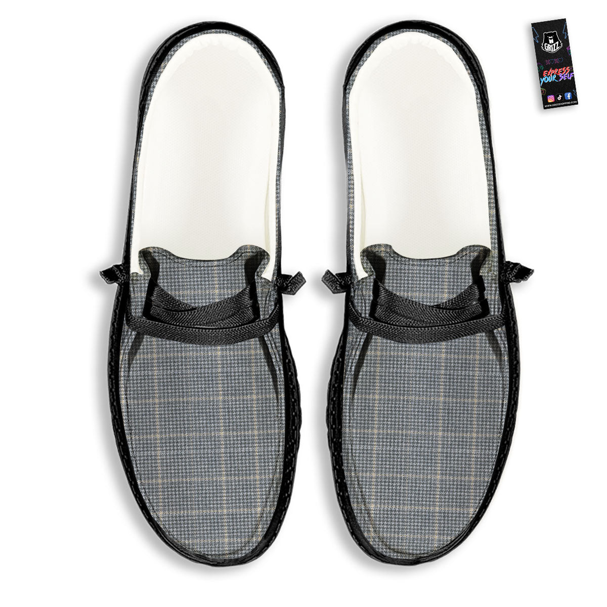 Windowpane Grey Print Pattern Black Loafers-grizzshop