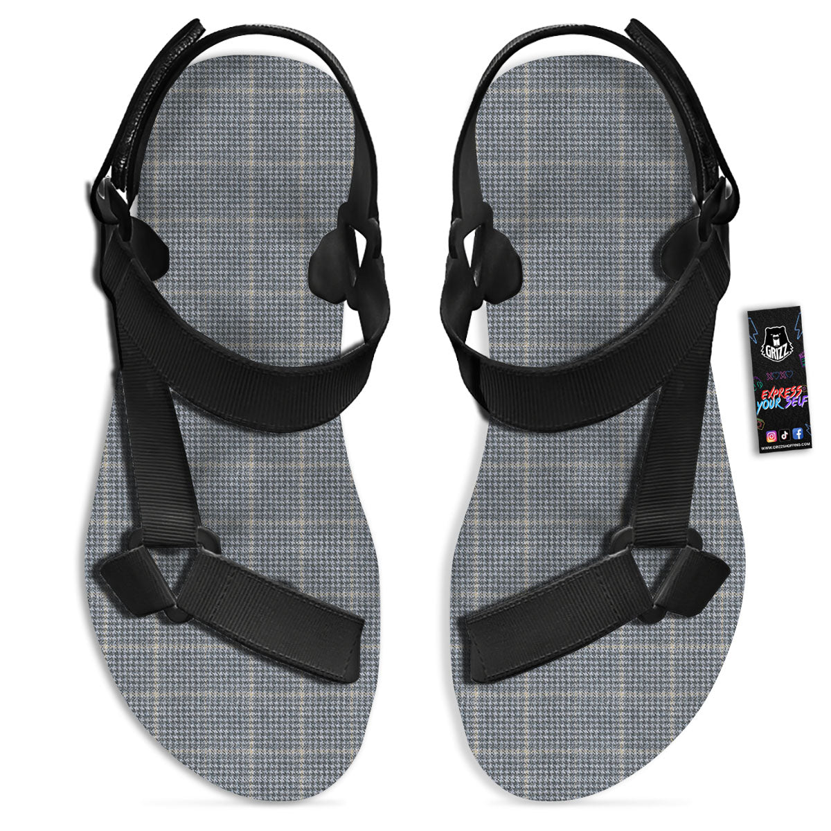Windowpane Grey Print Pattern Black Open Toe Sandals-grizzshop