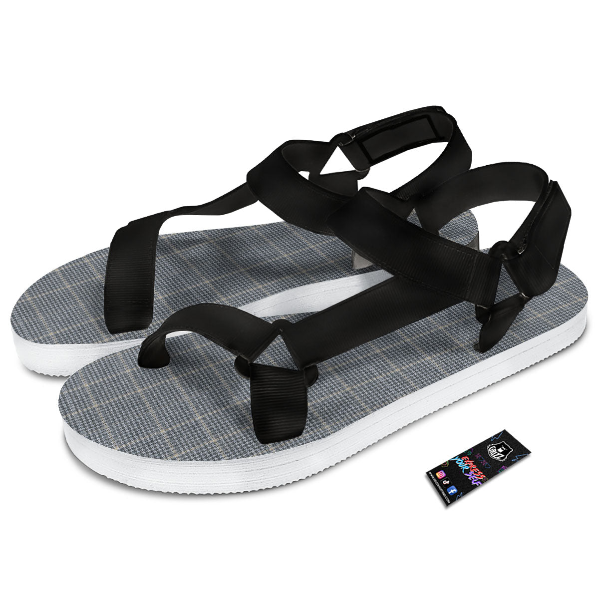 Windowpane Grey Print Pattern Black Open Toe Sandals-grizzshop
