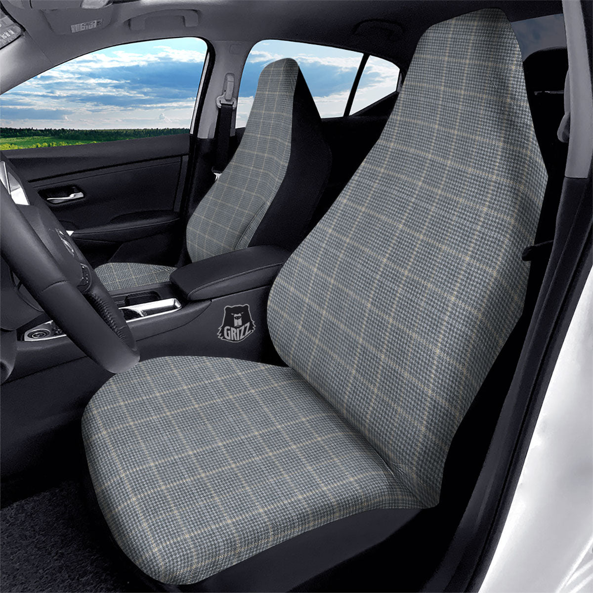 Windowpane Grey Print Pattern Car Seat Covers-grizzshop
