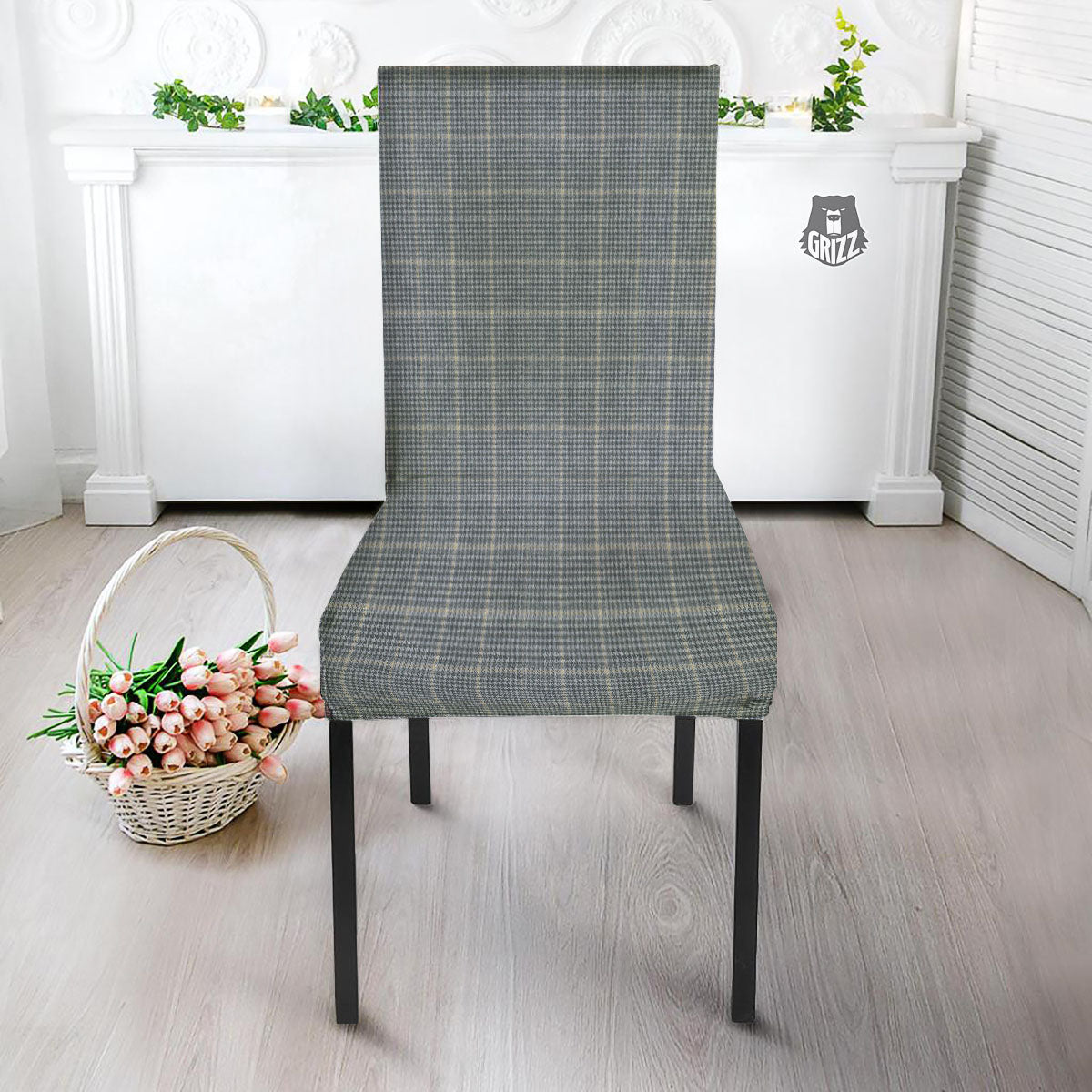 Windowpane Grey Print Pattern Dining Chair Slipcover-grizzshop