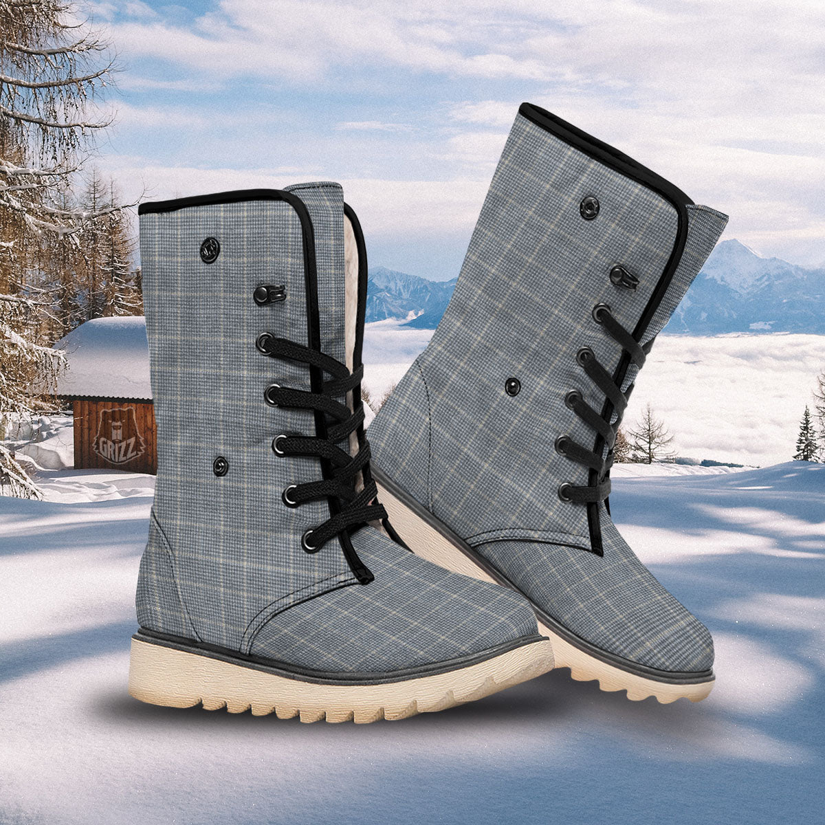 Windowpane Grey Print Pattern Snow Boots-grizzshop