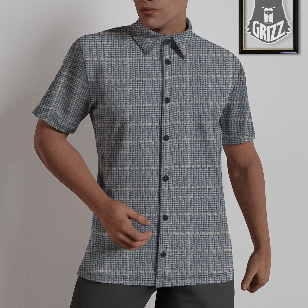 Windowpane Grey Print Pattern Untucked Shirts-grizzshop