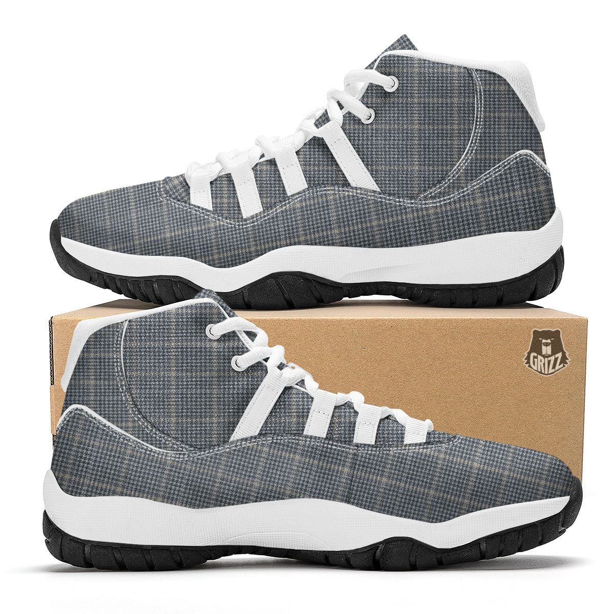 Windowpane Grey Print Pattern White Bball Shoes-grizzshop