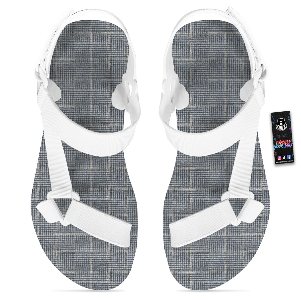 Windowpane Grey Print Pattern White Open Toe Sandals-grizzshop
