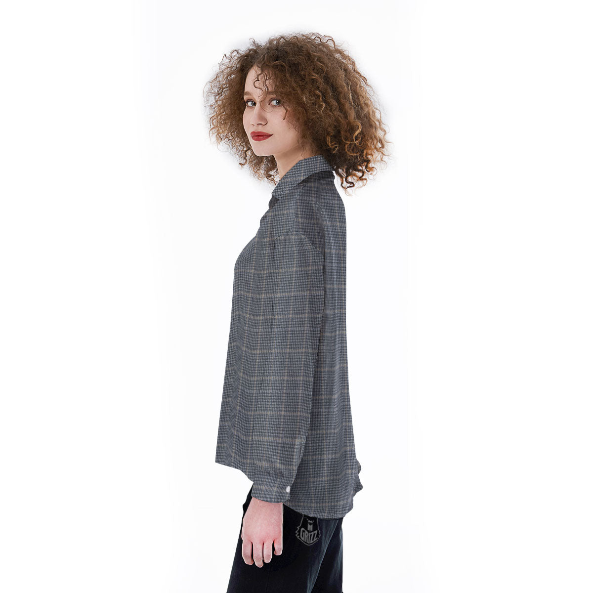 Windowpane Grey Print Pattern Women's Long Sleeve Shirts-grizzshop