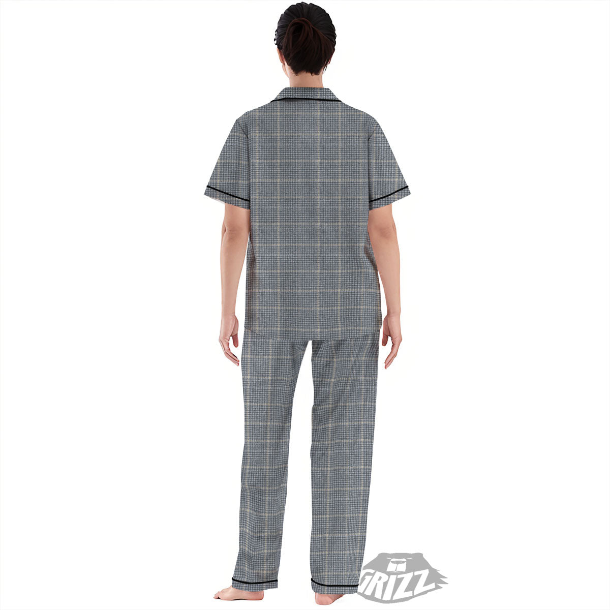 Windowpane Grey Print Pattern Women's Pajamas Set-grizzshop