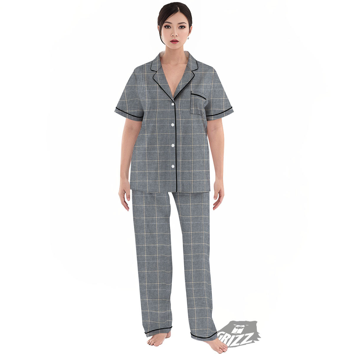 Windowpane Grey Print Pattern Women's Pajamas Set-grizzshop
