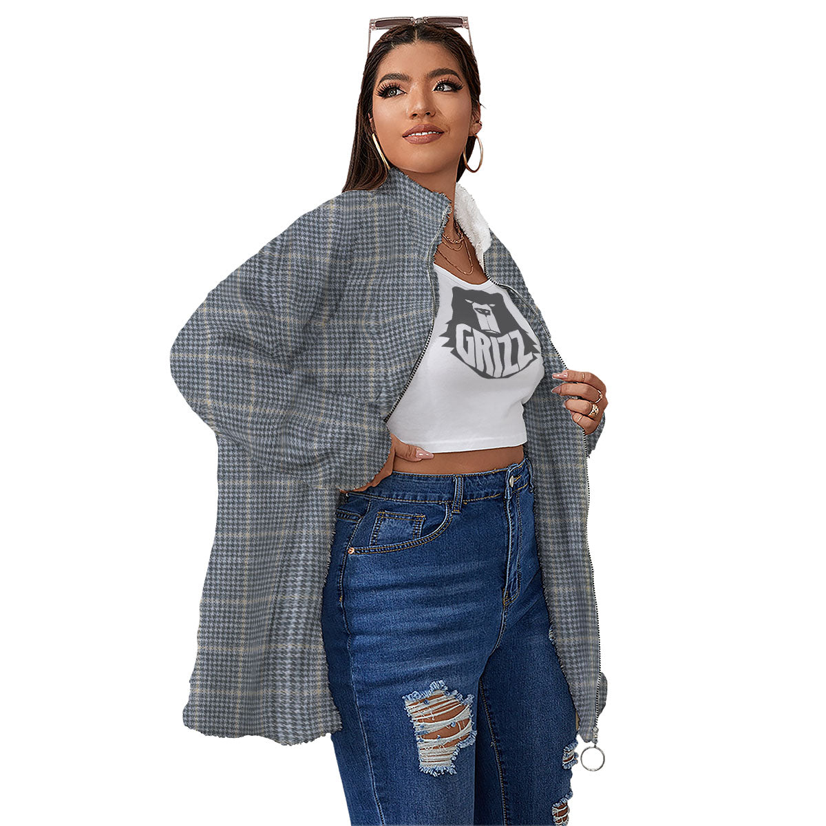 Windowpane Grey Print Pattern Women's Sherpa Jacket-grizzshop