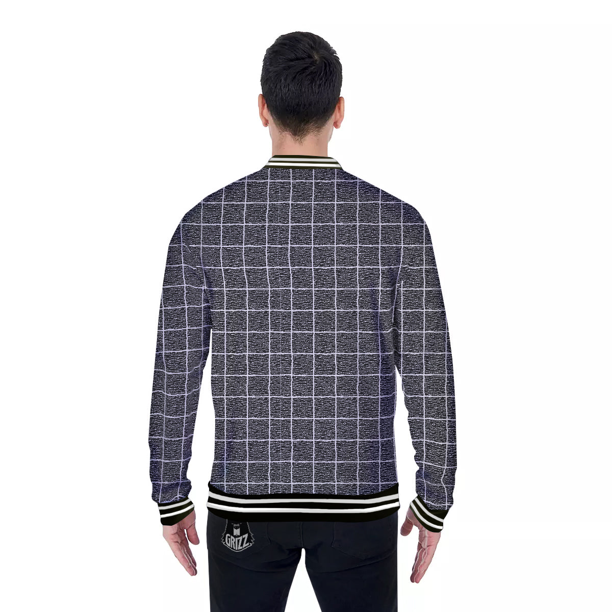 Windowpane Noisy Print Pattern Baseball Jacket-grizzshop
