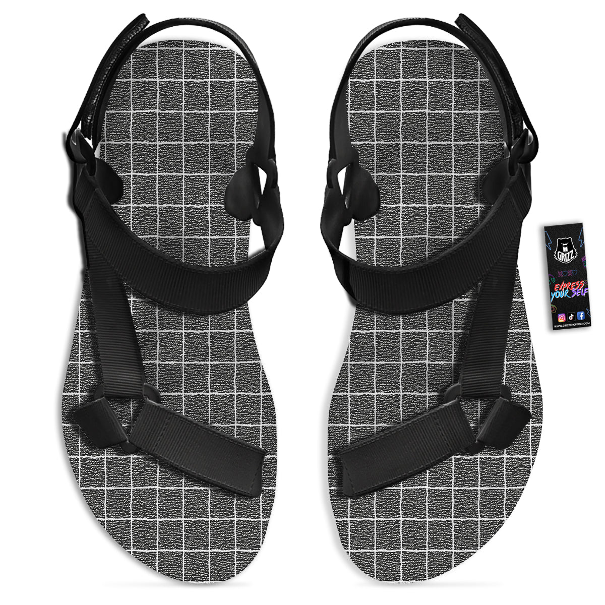 Windowpane Noisy Print Pattern Black Open Toe Sandals-grizzshop