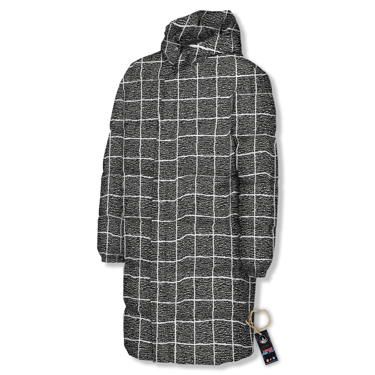 Windowpane Noisy Print Pattern Long Down Jacket-grizzshop