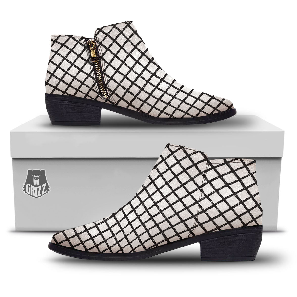 Windowpane White And Black Print Pattern Ankle Boots-grizzshop