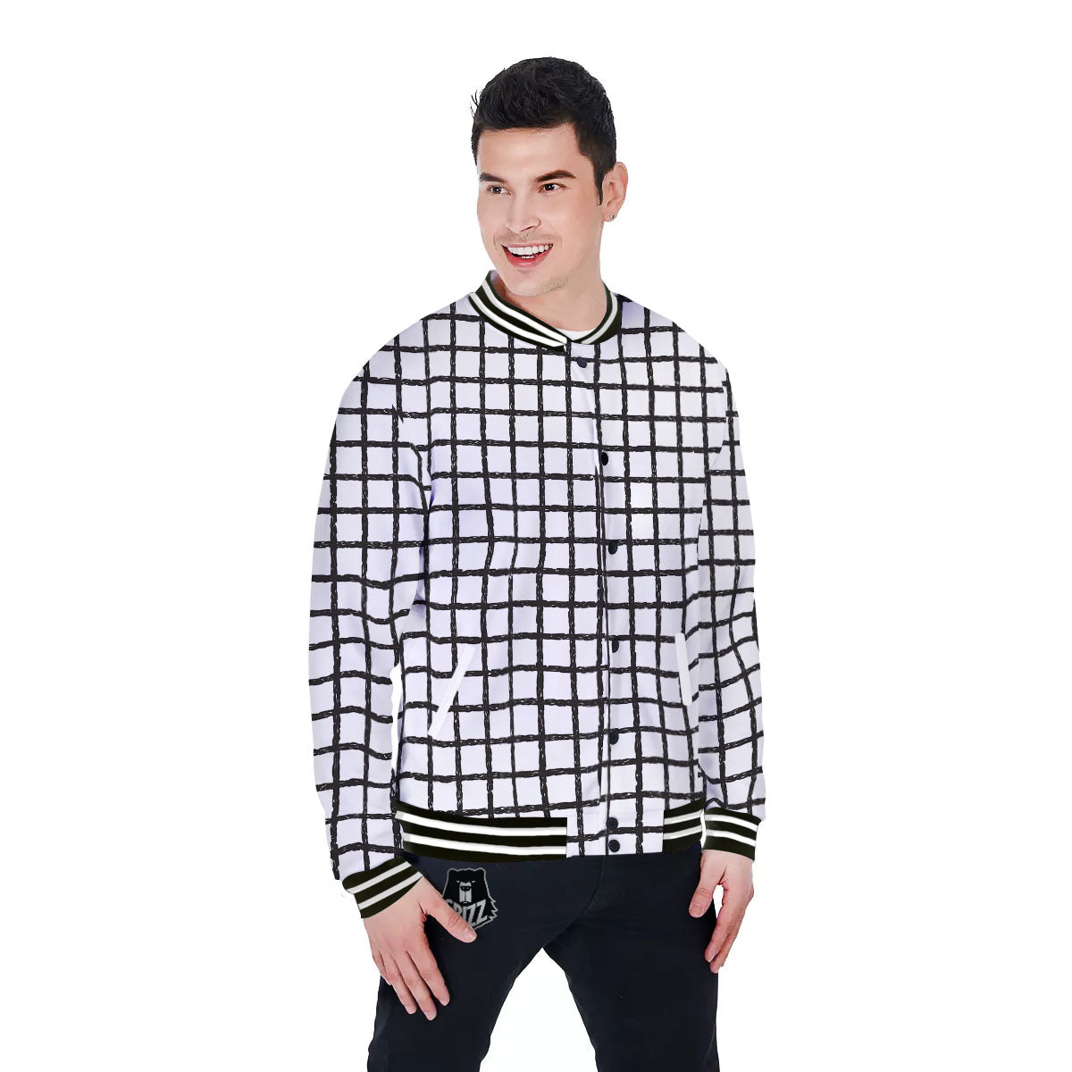 Windowpane White And Black Print Pattern Baseball Jacket-grizzshop