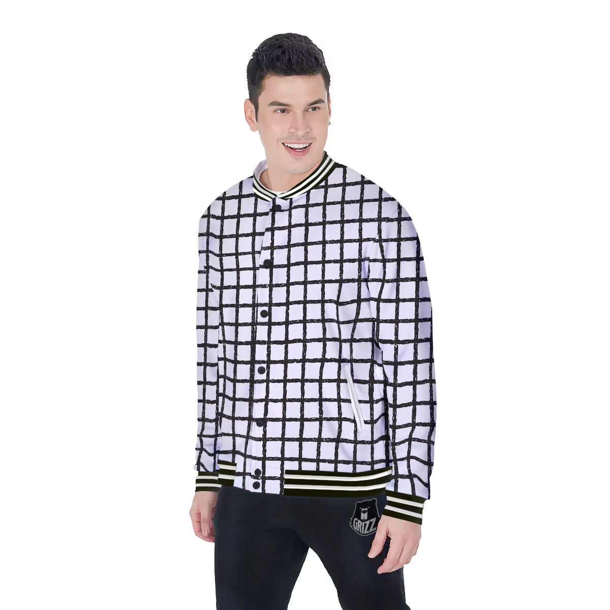 Windowpane White And Black Print Pattern Baseball Jacket-grizzshop